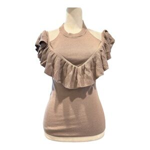 Express Taupe Ruffle Cold Shoulder Top Size Small - Ribbed Statement Blouse
